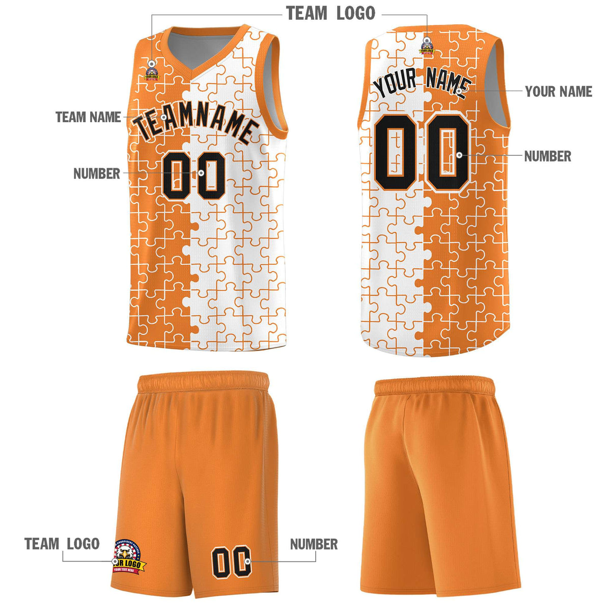 Custom Gold Orange White Splid Basketball Kits With Puzzle Pattern