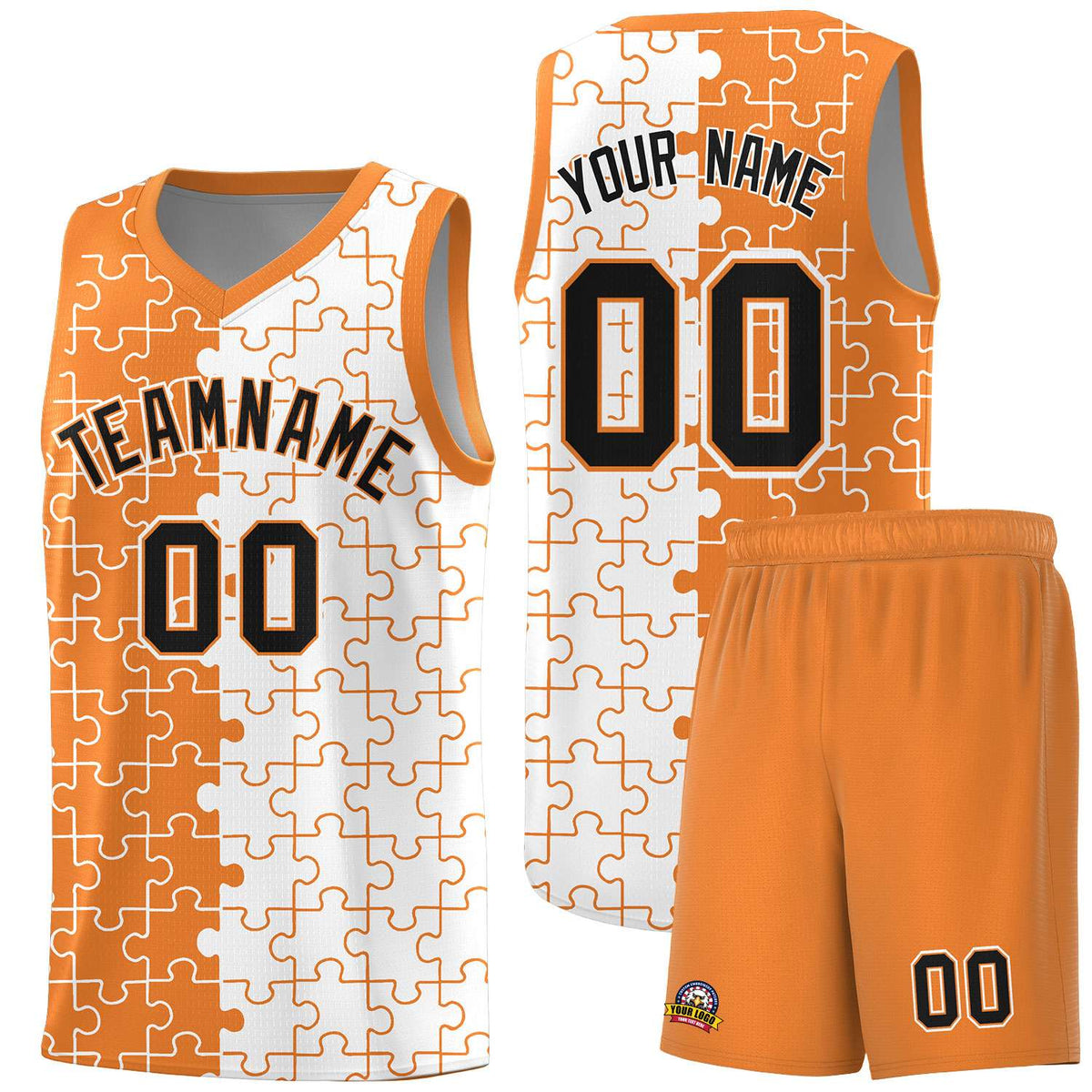 Custom Gold Orange White Splid Basketball Kits With Puzzle Pattern