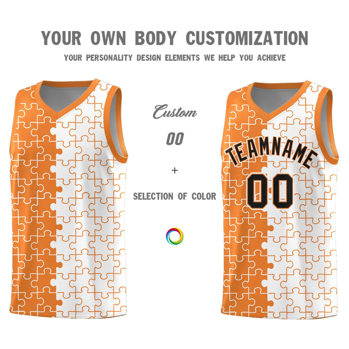 Custom Gold Orange White Splid Basketball Kits With Puzzle Pattern