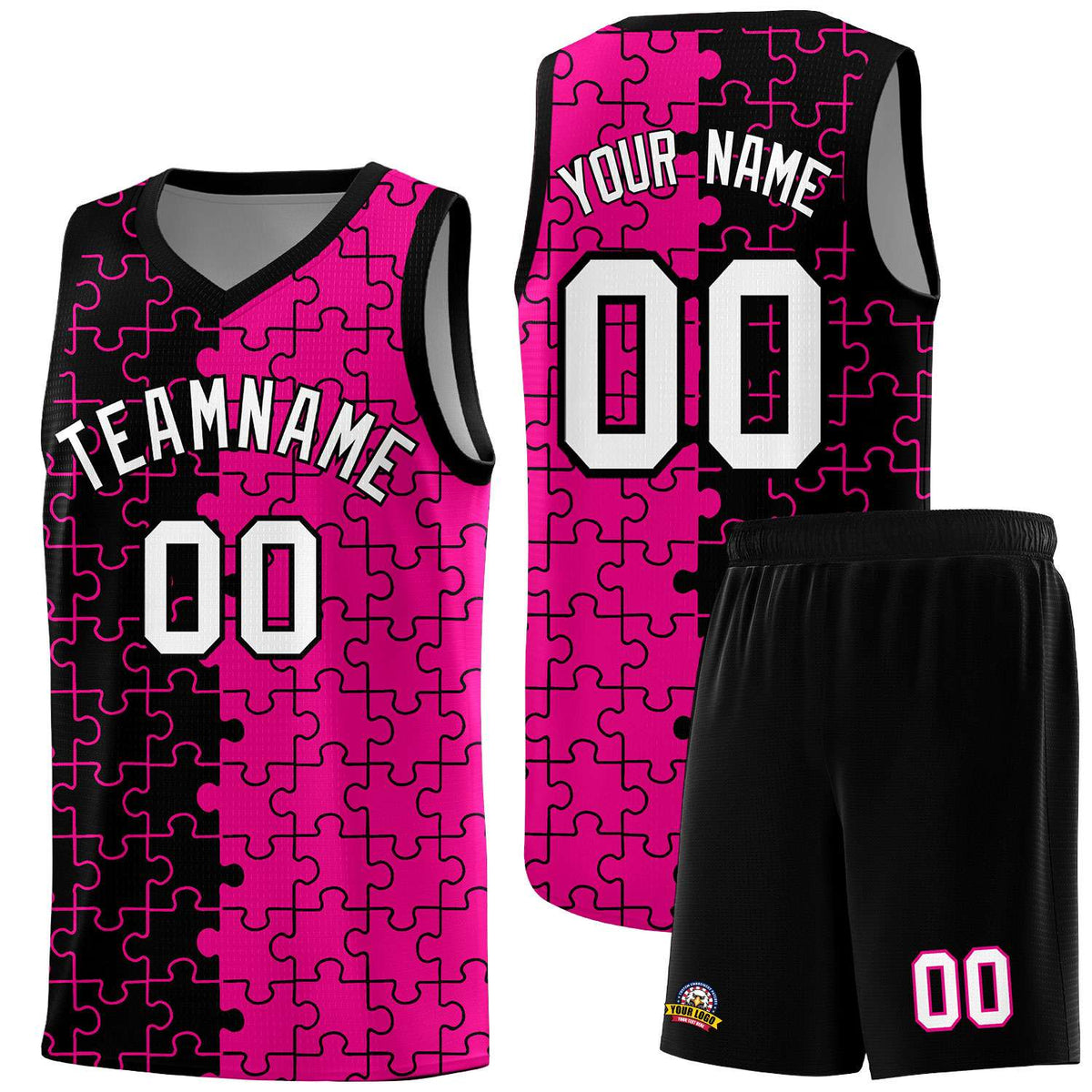 Custom Black Rose Red Splid Basketball Kits With Puzzle Pattern