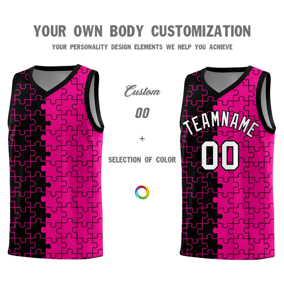 Custom Black Rose Red Splid Basketball Kits With Puzzle Pattern