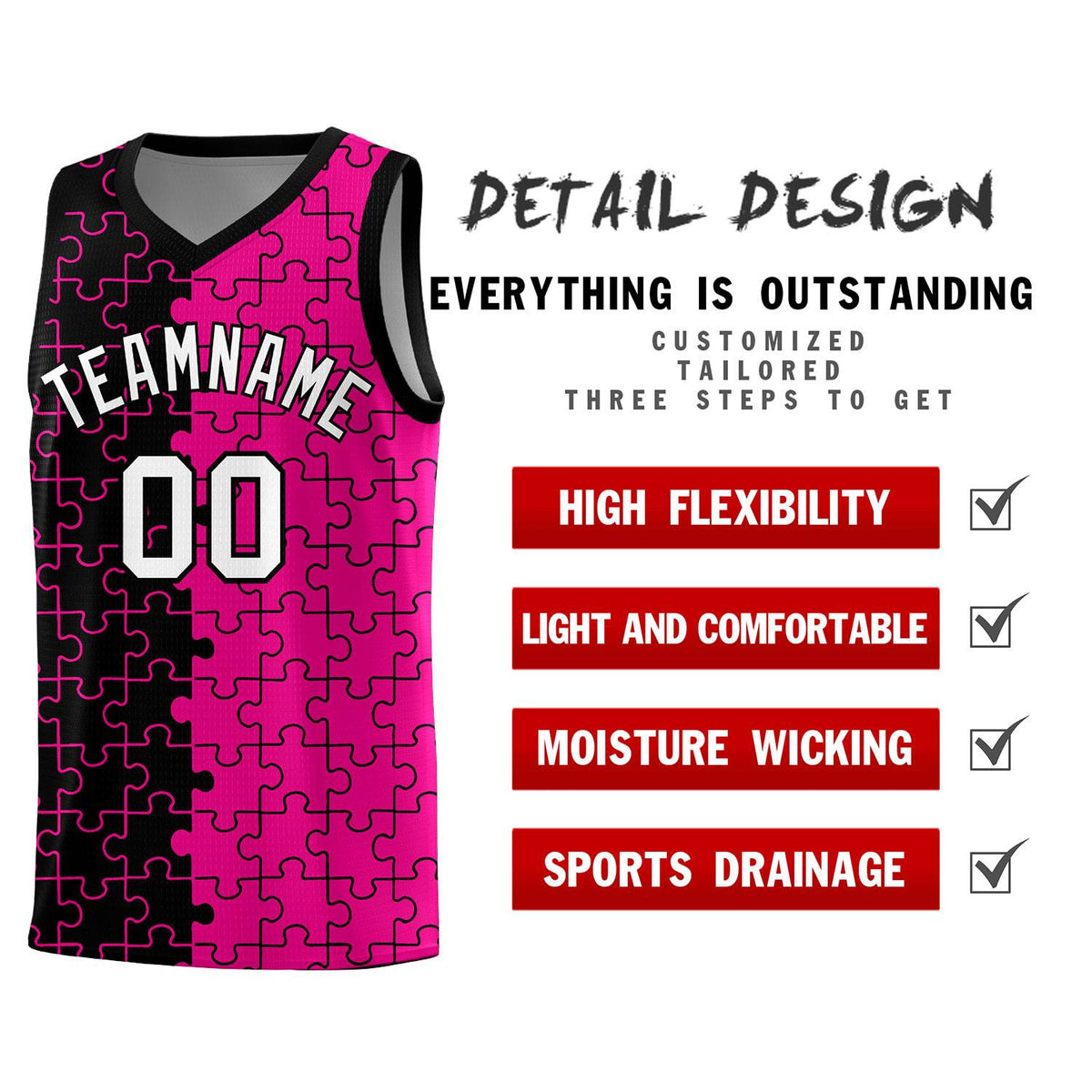 Custom Black Rose Red Splid Basketball Kits With Puzzle Pattern