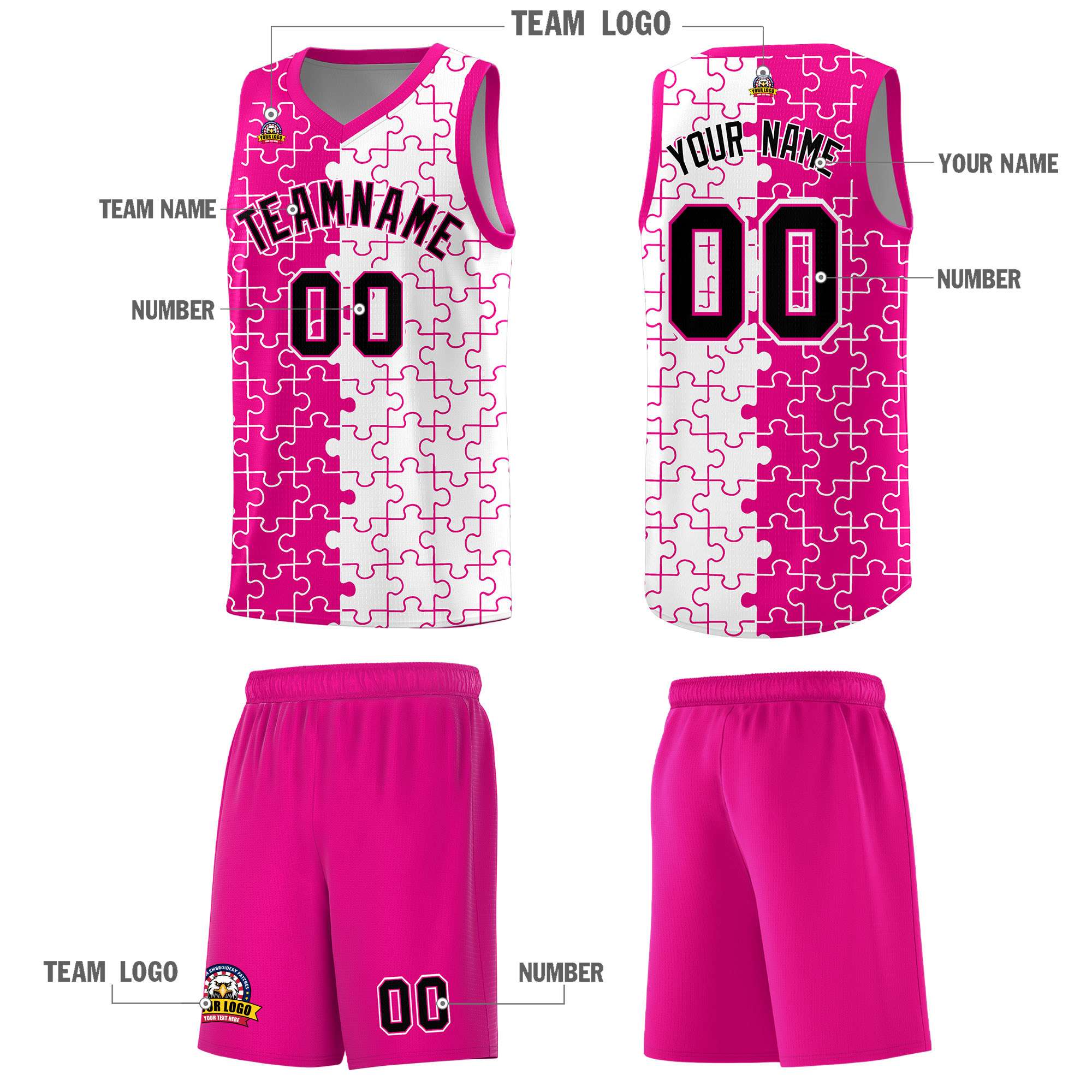 Custom Rose Red White Splid Basketball Kits With Puzzle Pattern