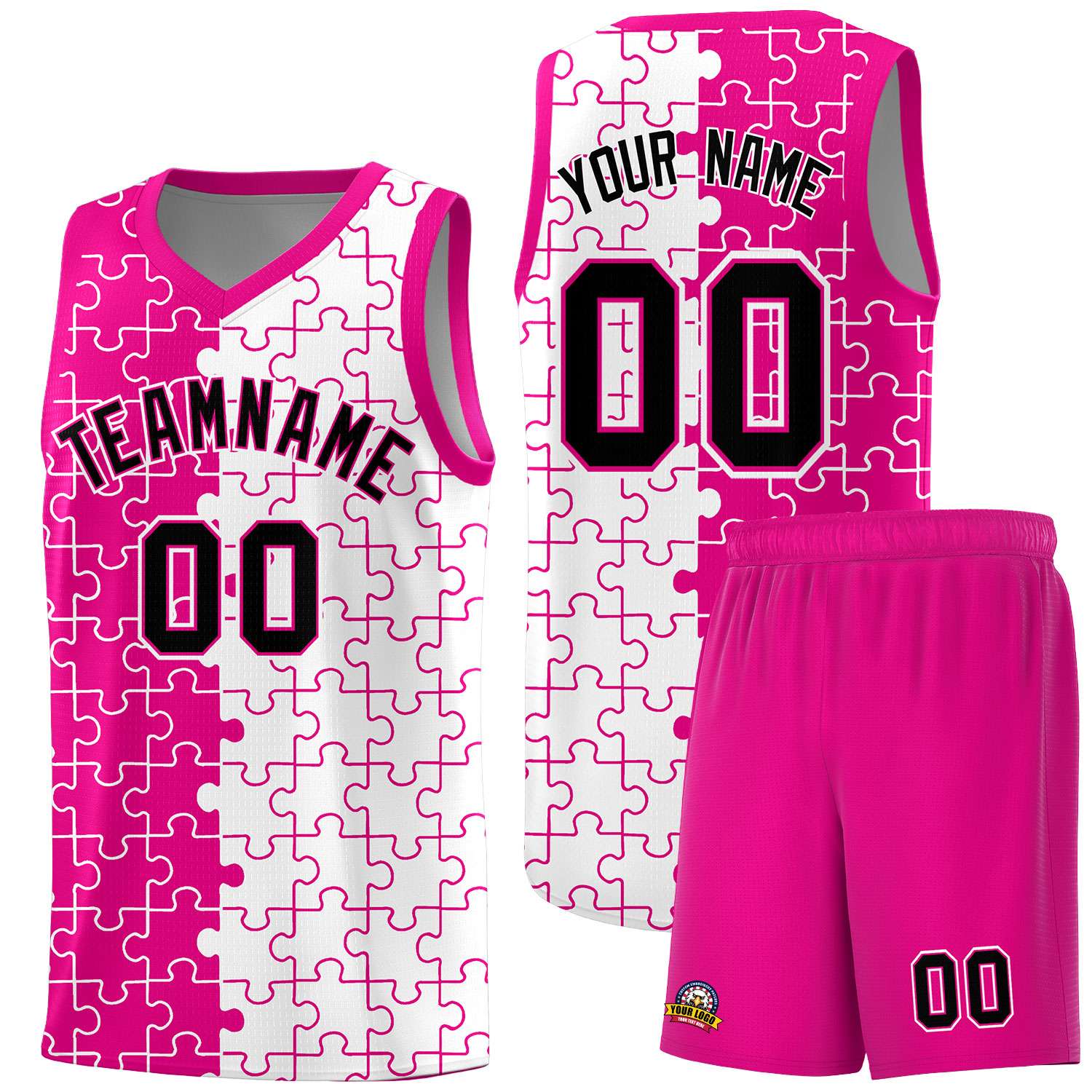 Custom Rose Red White Splid Basketball Kits With Puzzle Pattern