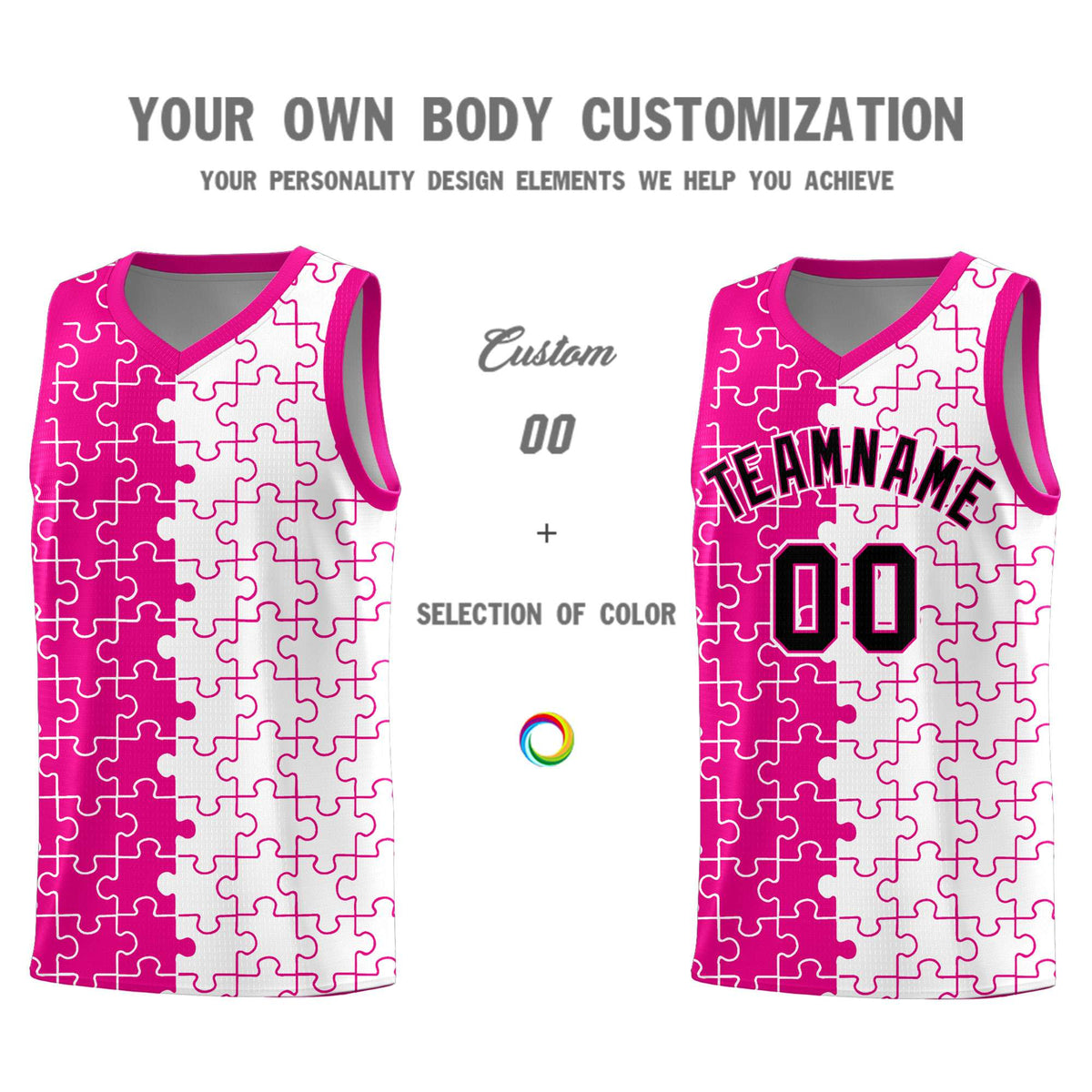Custom Rose Red White Splid Basketball Kits With Puzzle Pattern
