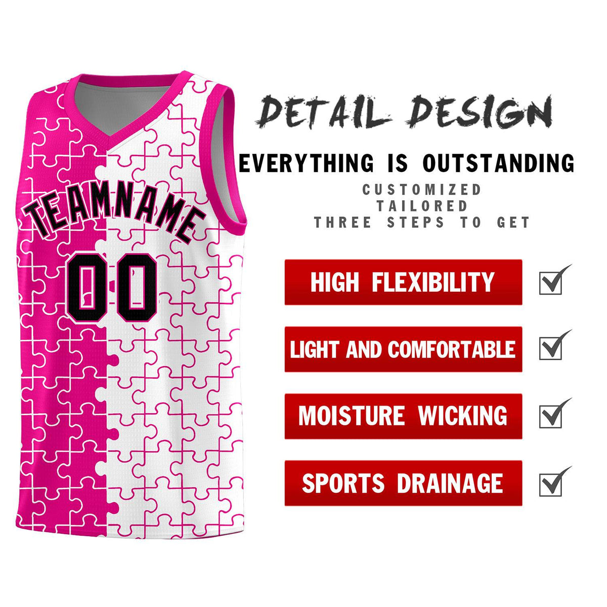 Custom Rose Red White Splid Basketball Kits With Puzzle Pattern