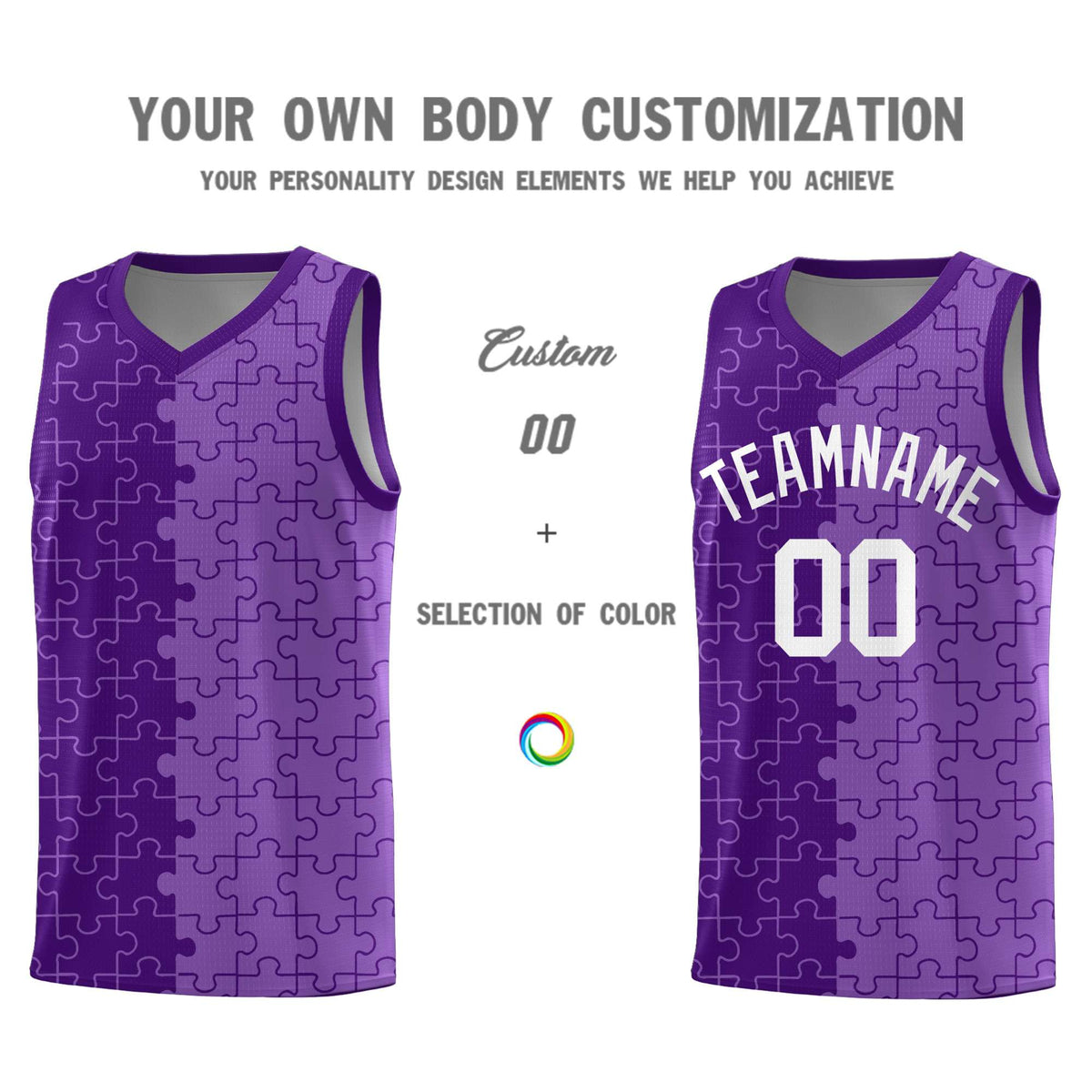 Custom Purple Light Purple Splid Basketball Kits With Puzzle Pattern