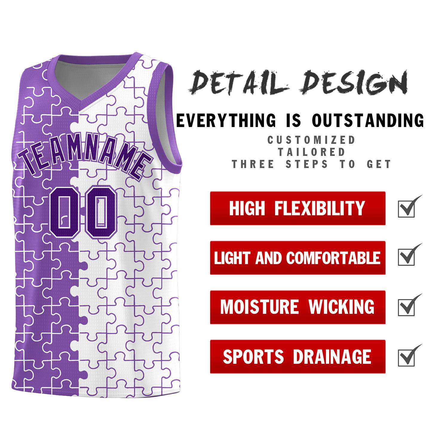 Custom Light Purple White Splid Basketball Kits With Puzzle Pattern