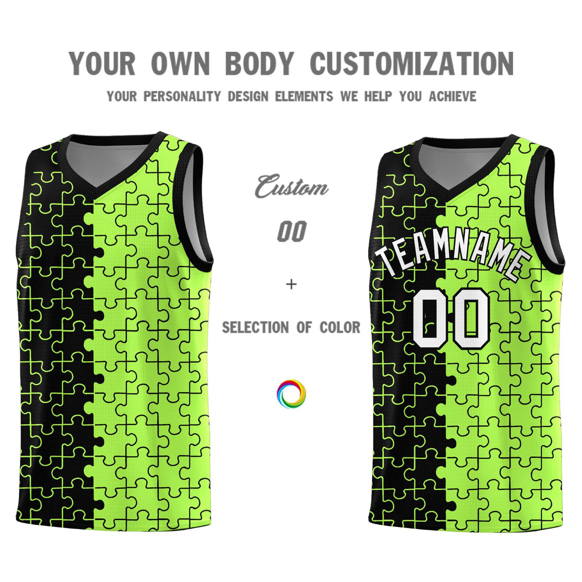 Custom Black Neon Green Splid Basketball Kits With Puzzle Pattern