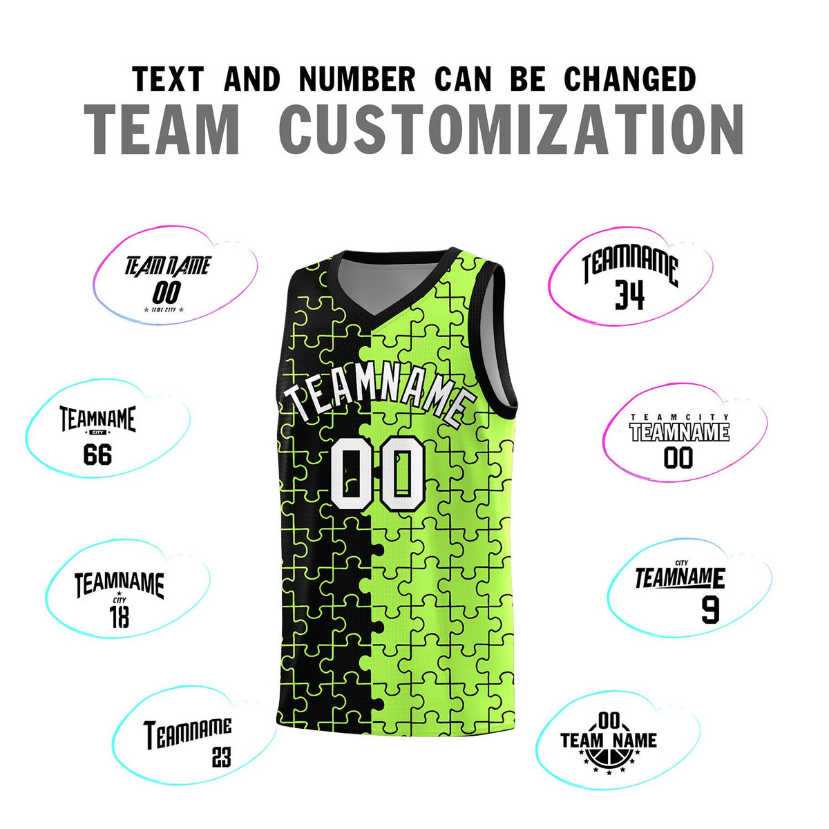 Custom Black Neon Green Splid Basketball Kits With Puzzle Pattern