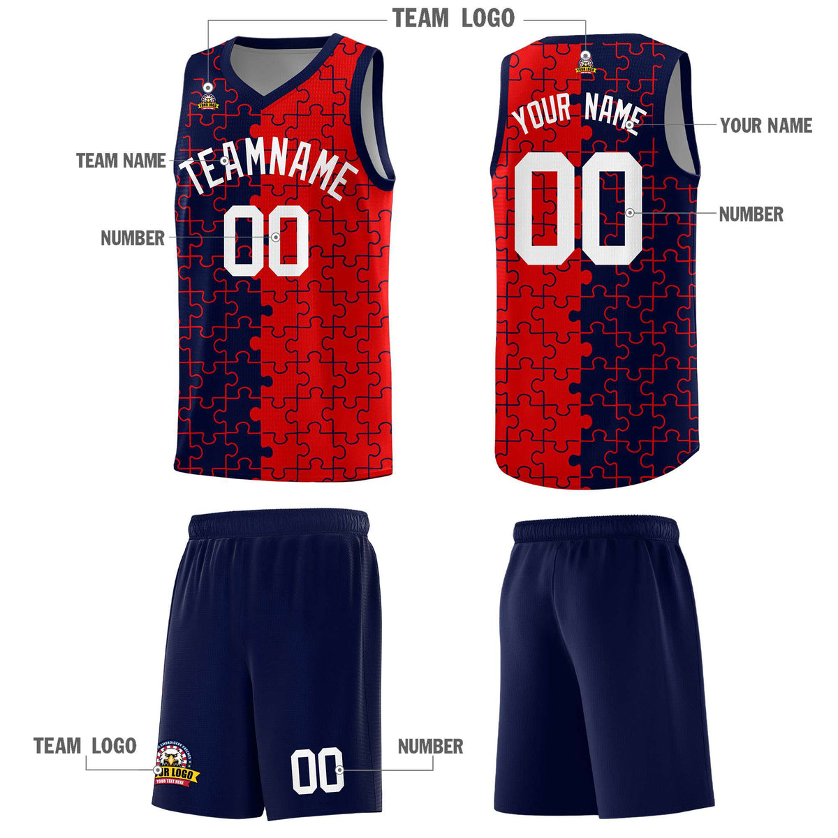 Custom Navy Red Splid Basketball Kits With Puzzle Pattern