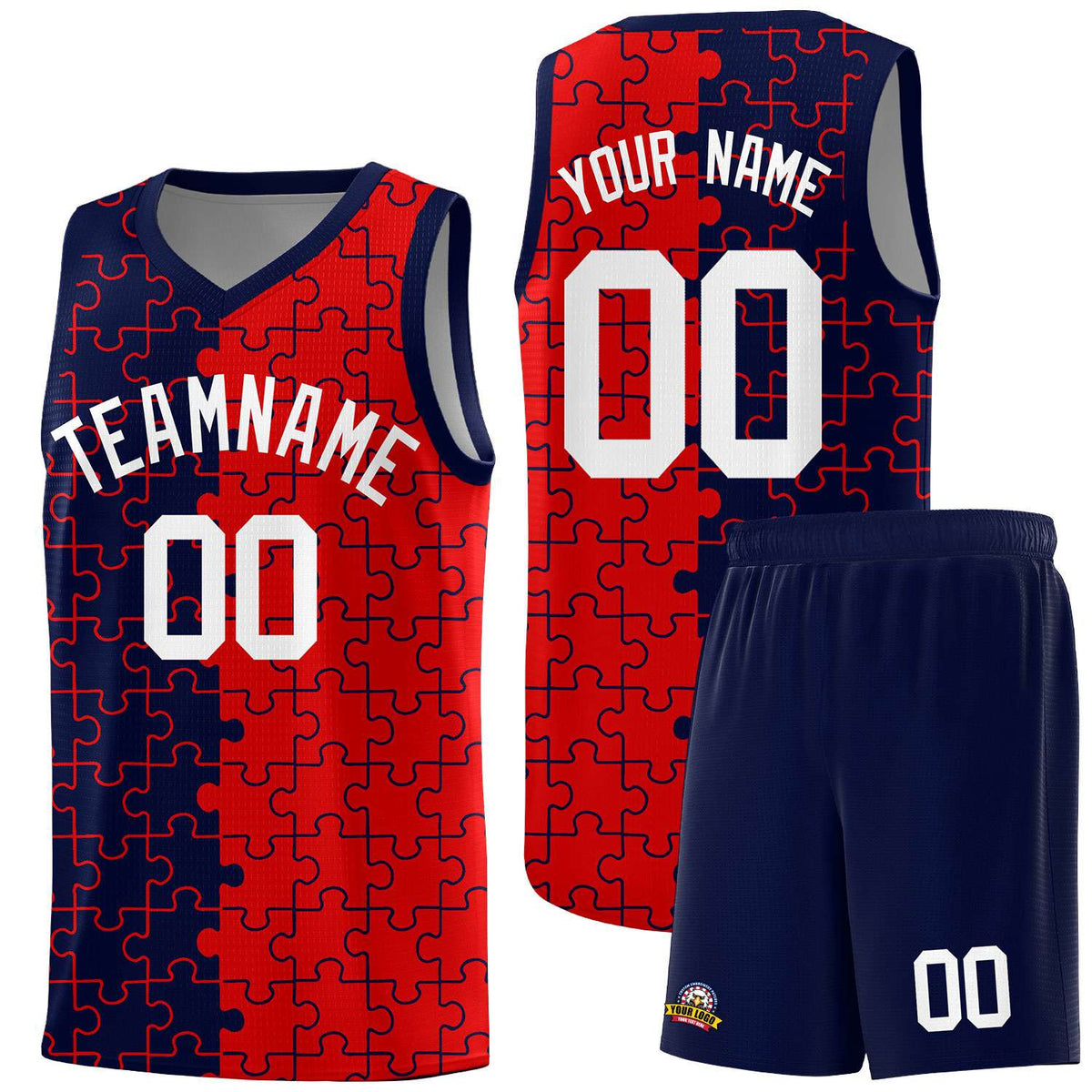 Custom Navy Red Splid Basketball Kits With Puzzle Pattern