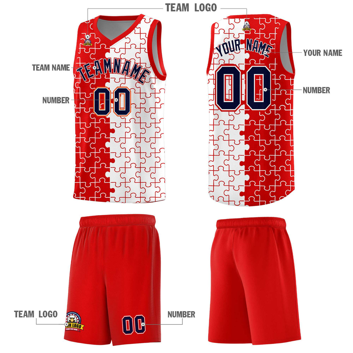 Custom Red White Splid Basketball Kits With Puzzle Pattern
