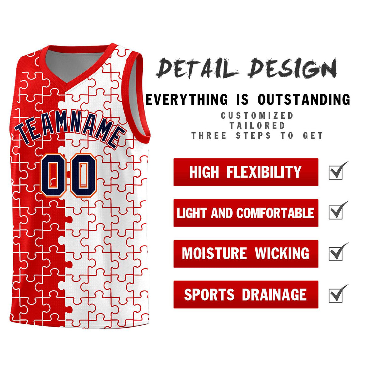 Custom Red White Splid Basketball Kits With Puzzle Pattern