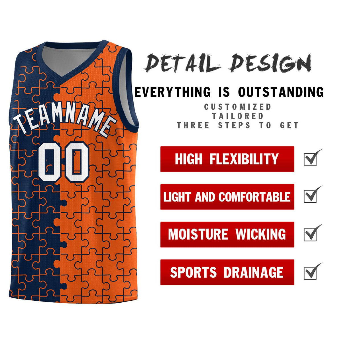 Custom Navy Orange Splid Basketball Kits With Puzzle Pattern