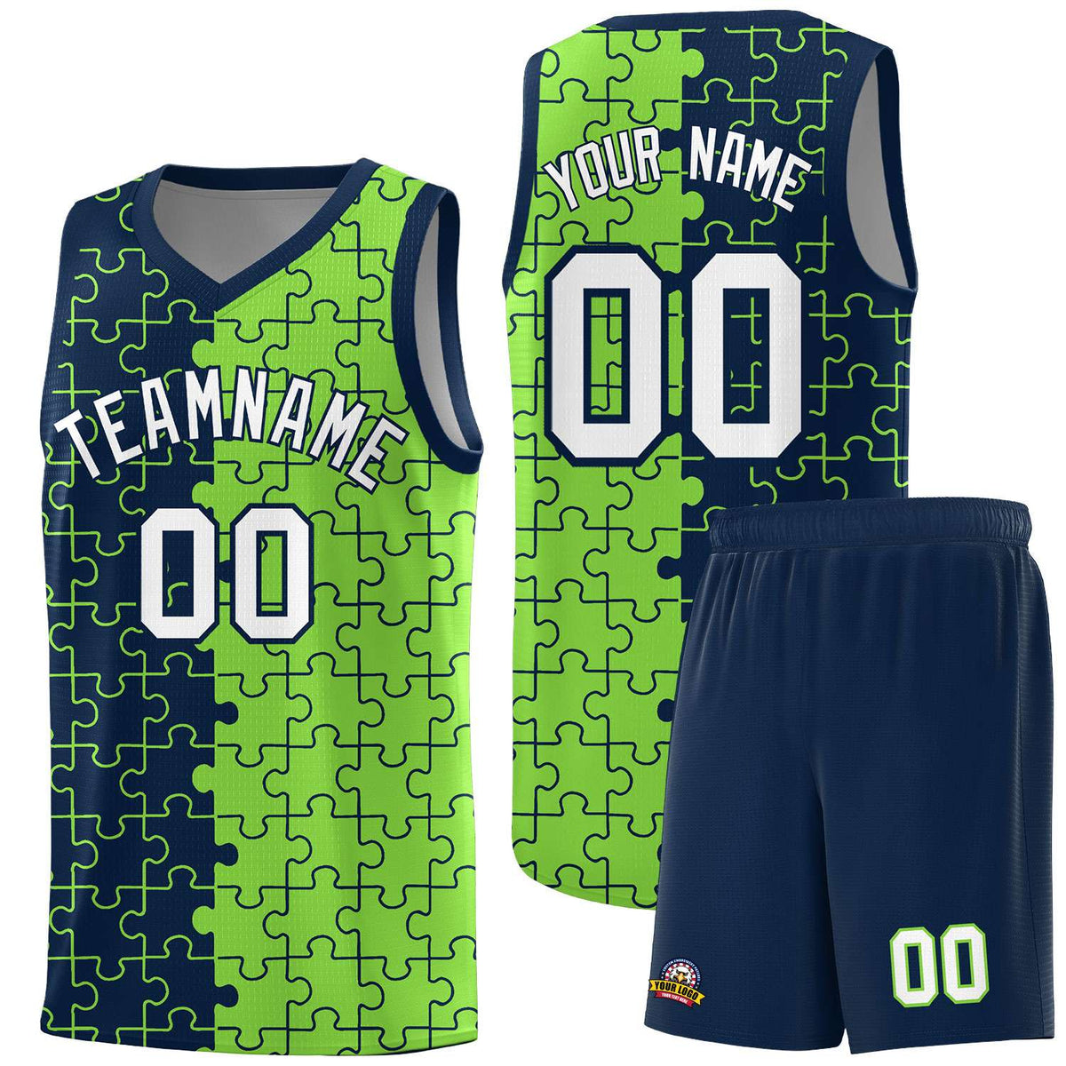 Custom Navy Neon Green Splid Basketball Kits With Puzzle Pattern