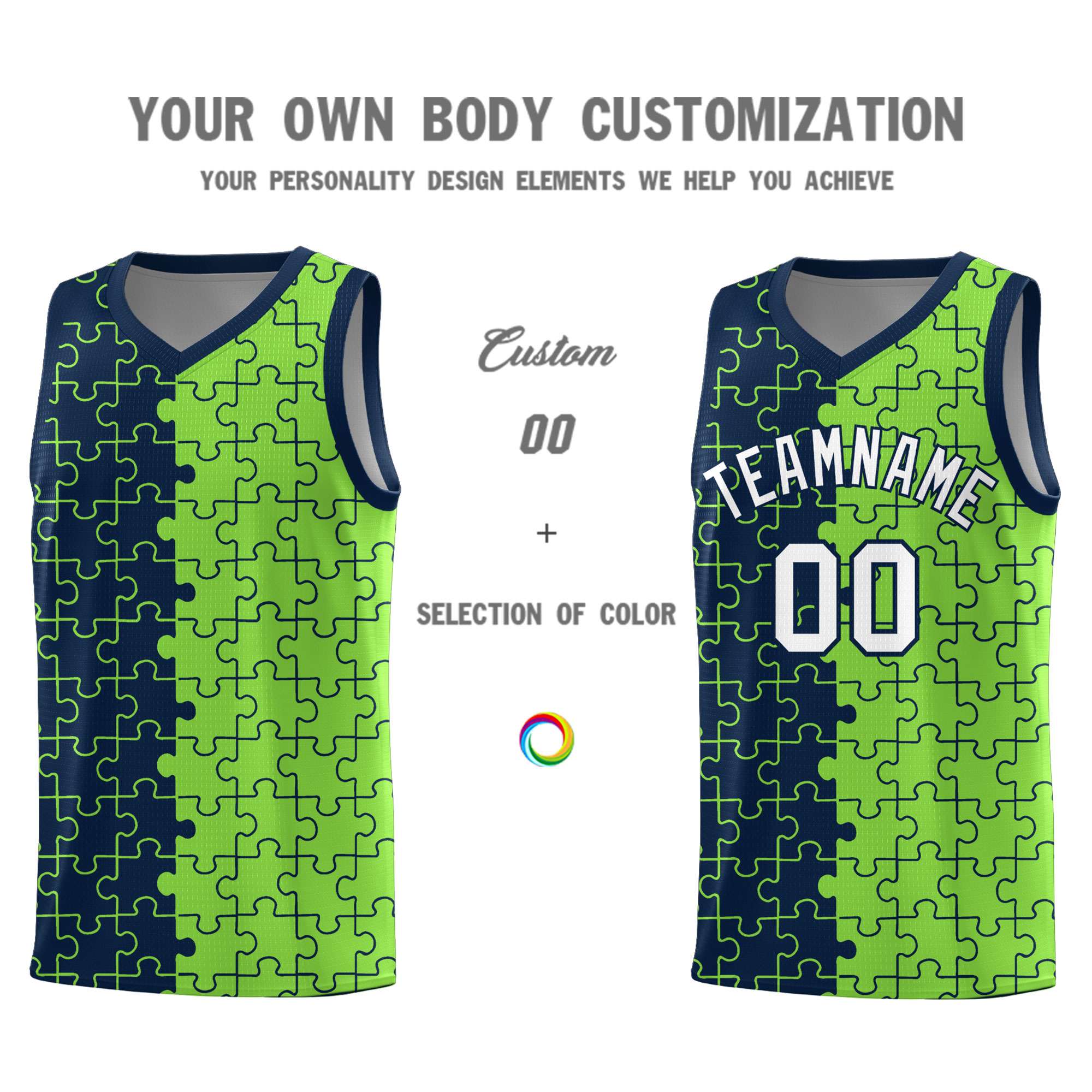 Custom Navy Neon Green Splid Basketball Kits With Puzzle Pattern