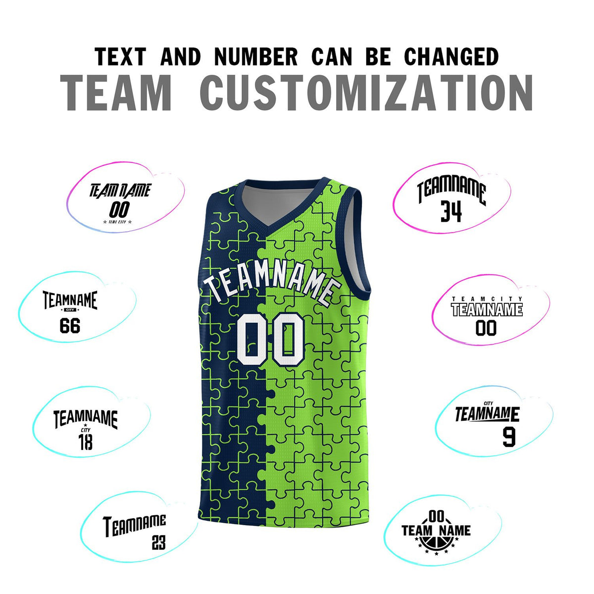Custom Navy Neon Green Splid Basketball Kits With Puzzle Pattern