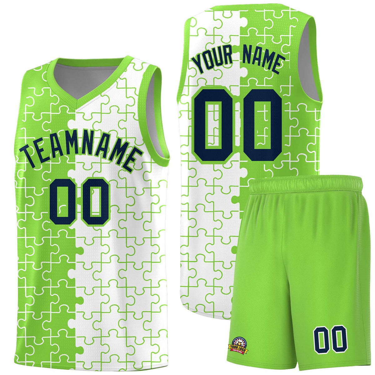 Custom Neon Green White Splid Basketball Kits With Puzzle Pattern