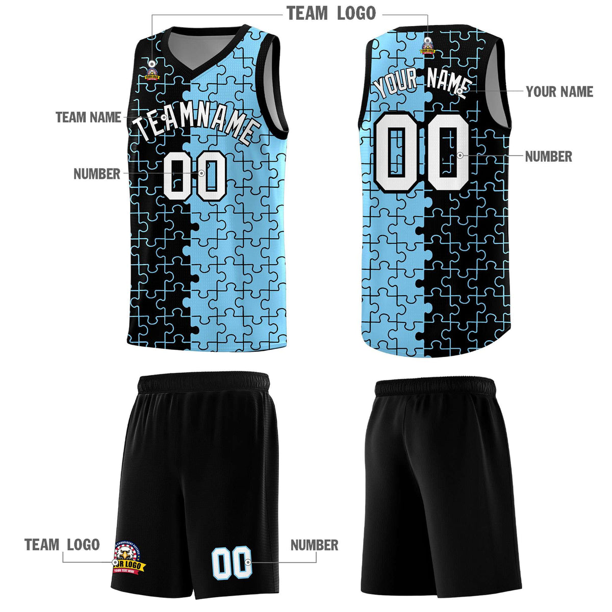 Custom Black Powder Blue Splid Basketball Kits With Puzzle Pattern