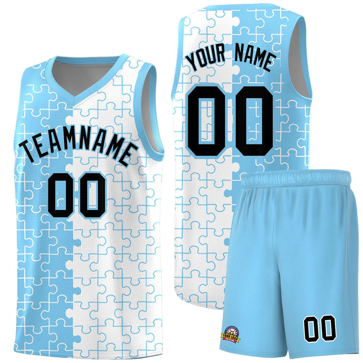 Custom Powder Blue White Splid Basketball Kits With Puzzle Pattern