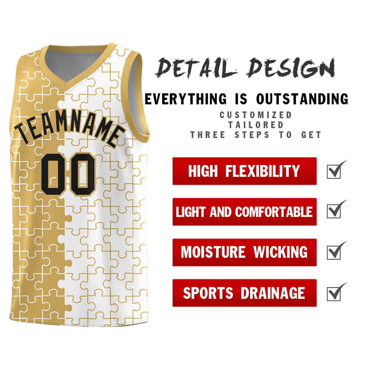 Custom Old Gold White Splid Basketball Kits With Puzzle Pattern