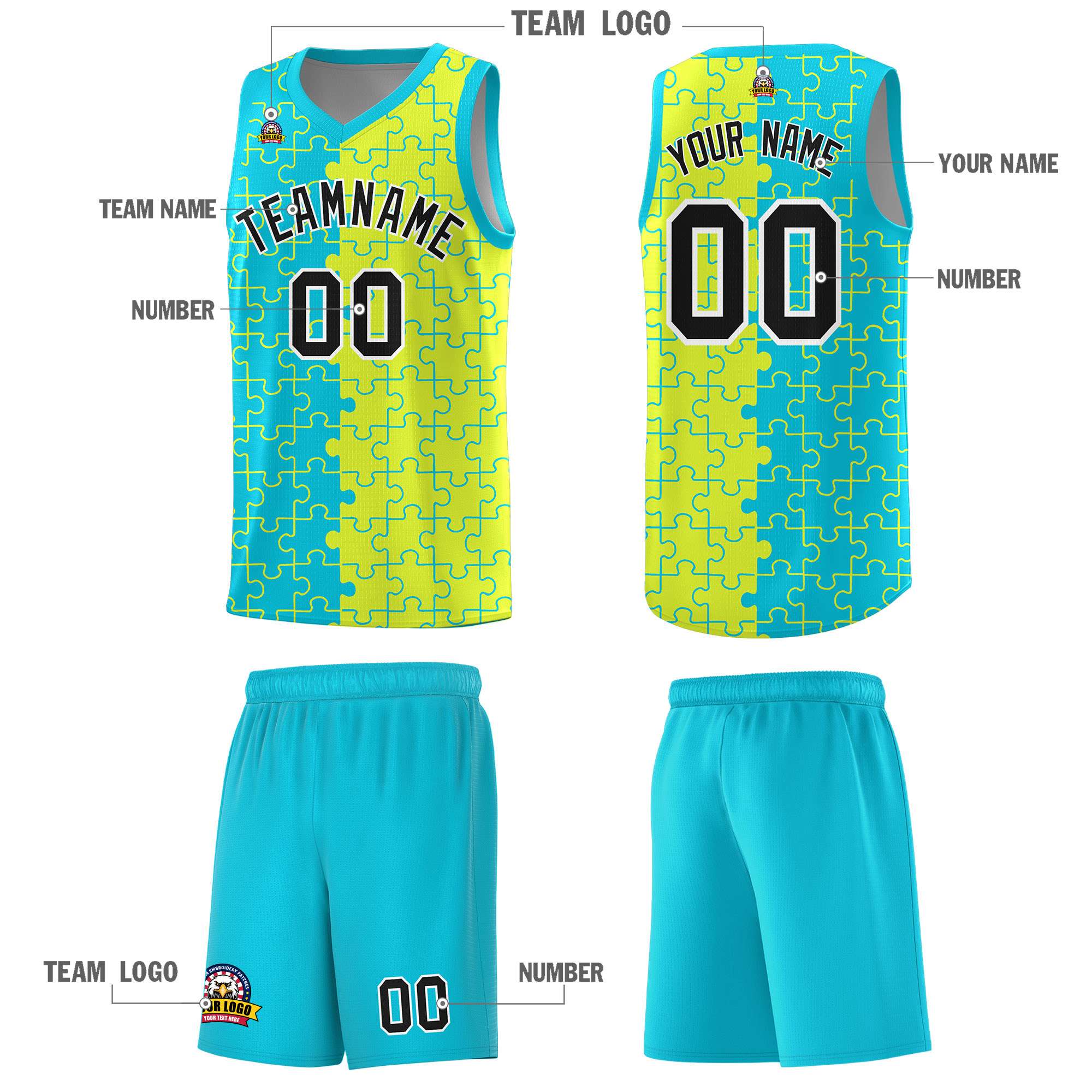 Custom Sky Blue Fluorescent Green Splid Basketball Kits With Puzzle Pattern