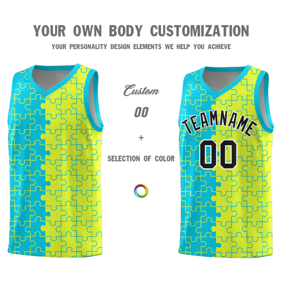 Custom Sky Blue Fluorescent Green Splid Basketball Kits With Puzzle Pattern