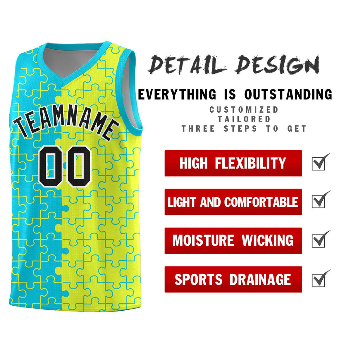 Custom Sky Blue Fluorescent Green Splid Basketball Kits With Puzzle Pattern