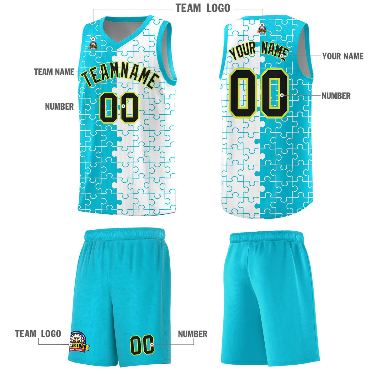Custom Sky Blue White Splid Basketball Kits With Puzzle Pattern
