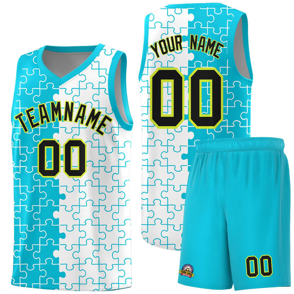 Custom Sky Blue White Splid Basketball Kits With Puzzle Pattern