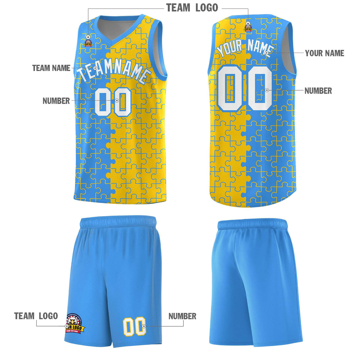 Custom Light Blue Gold Splid Basketball Kits With Puzzle Pattern