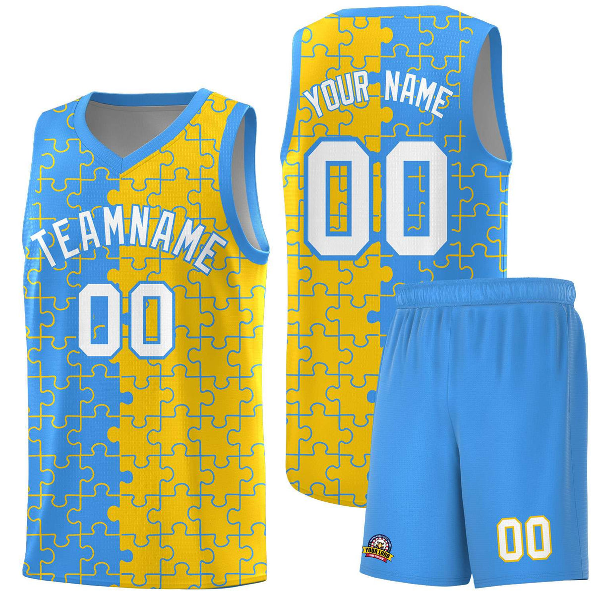 Custom Light Blue Gold Splid Basketball Kits With Puzzle Pattern