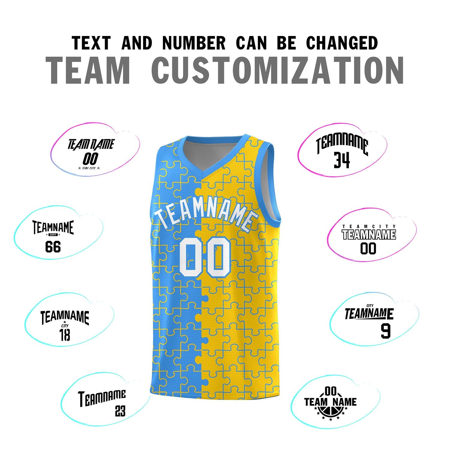 Custom Light Blue Gold Splid Basketball Kits With Puzzle Pattern