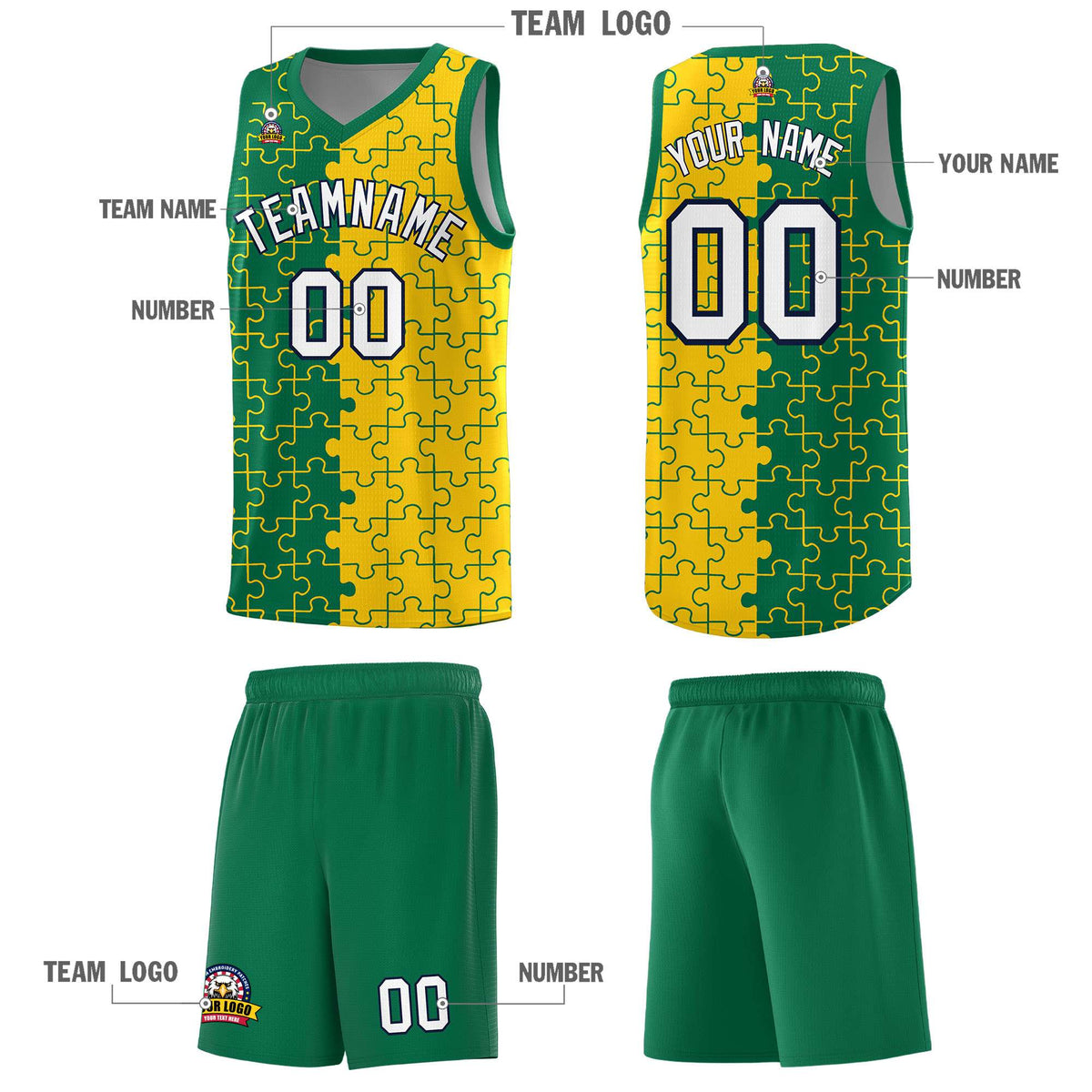 Custom Kelly Green Gold Splid Basketball Kits With Puzzle Pattern