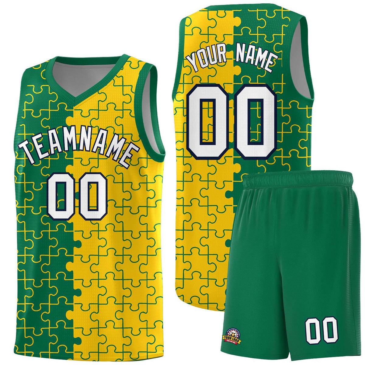 Custom Kelly Green Gold Splid Basketball Kits With Puzzle Pattern