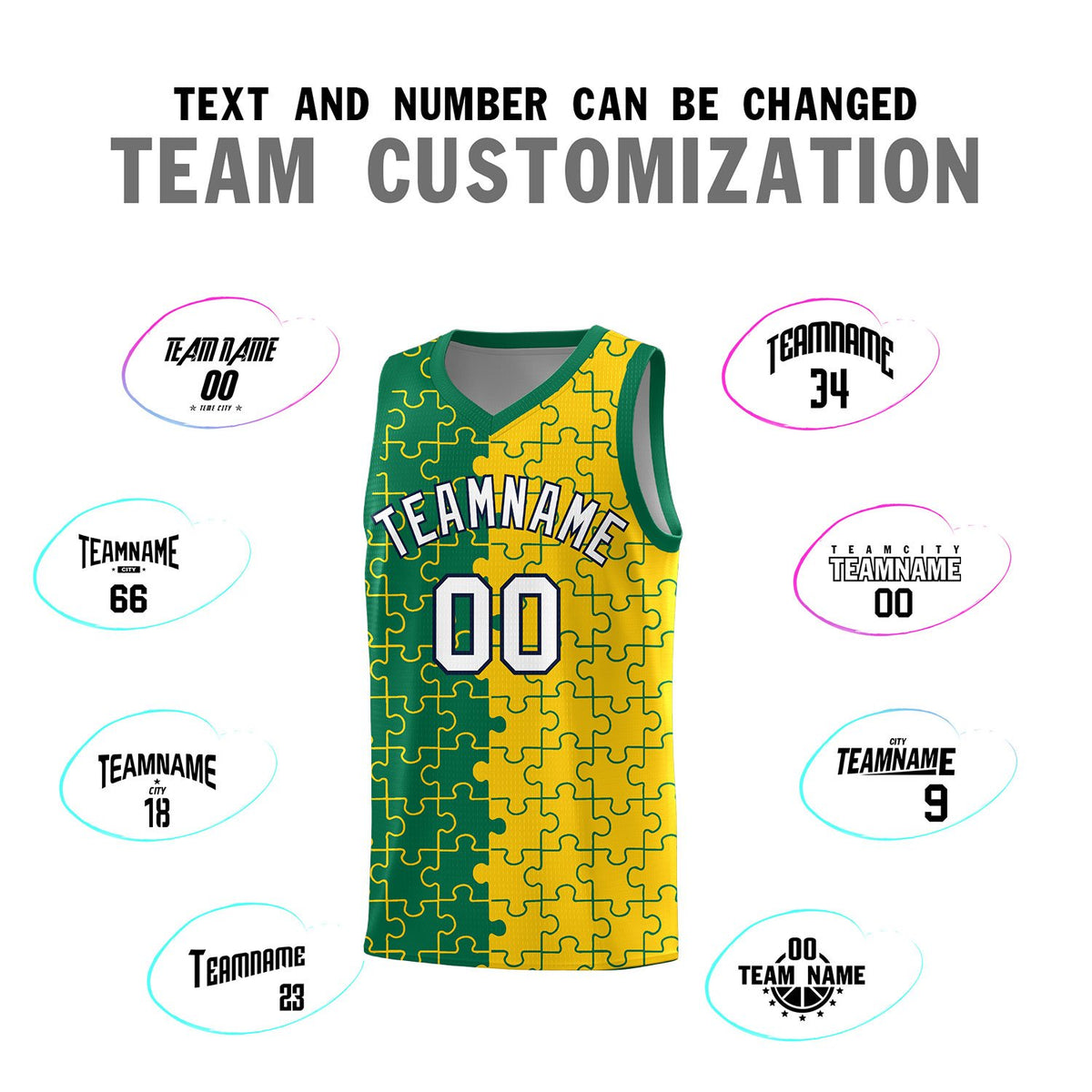Custom Kelly Green Gold Splid Basketball Kits With Puzzle Pattern