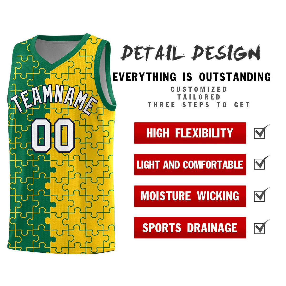 Custom Kelly Green Gold Splid Basketball Kits With Puzzle Pattern