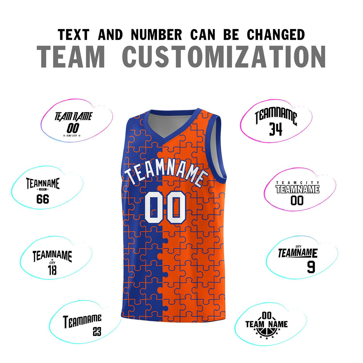 Custom Royal Orange Splid Basketball Kits With Puzzle Pattern