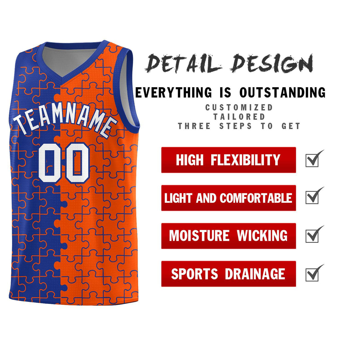 Custom Royal Orange Splid Basketball Kits With Puzzle Pattern