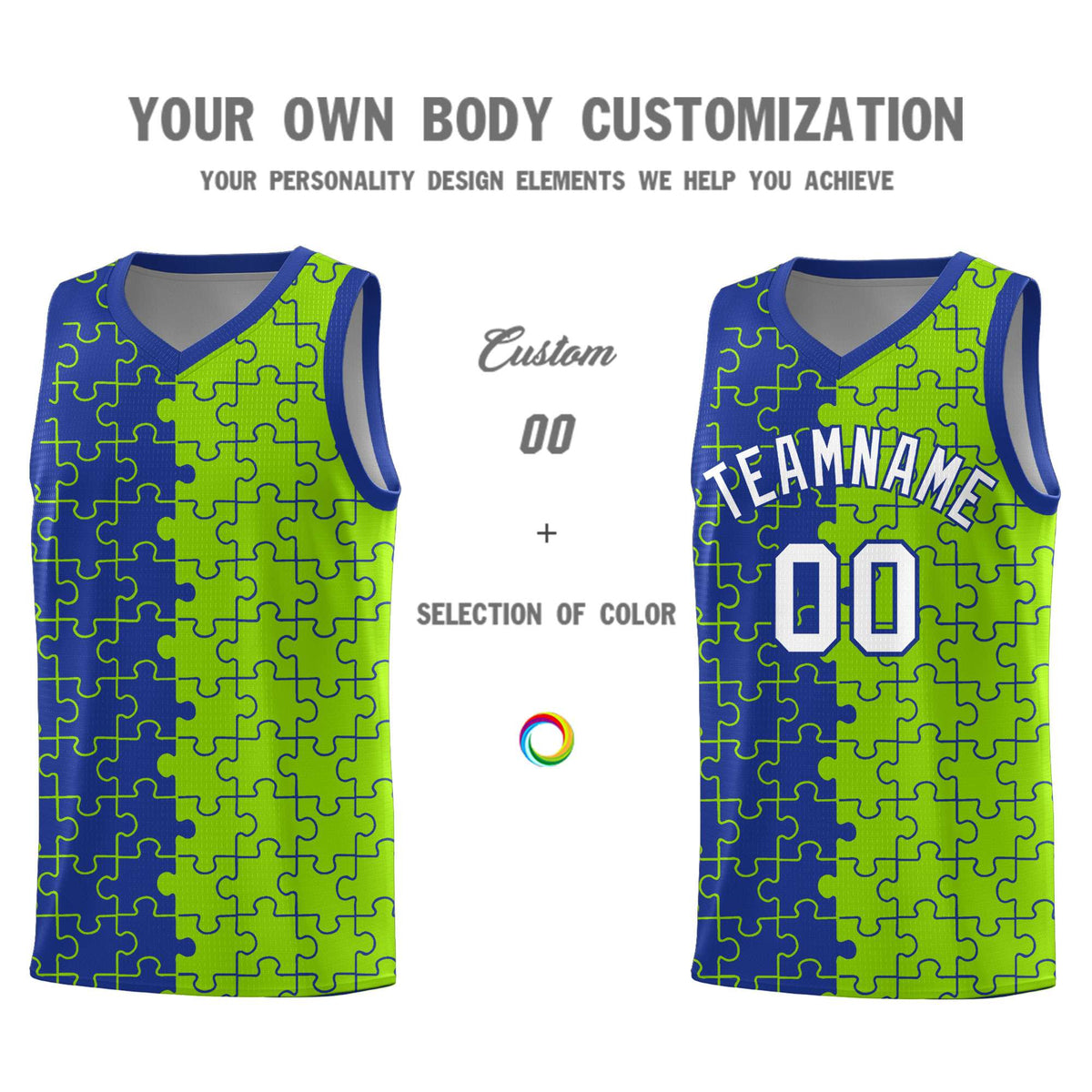 Custom Royal Neon Green Splid Basketball Kits With Puzzle Pattern