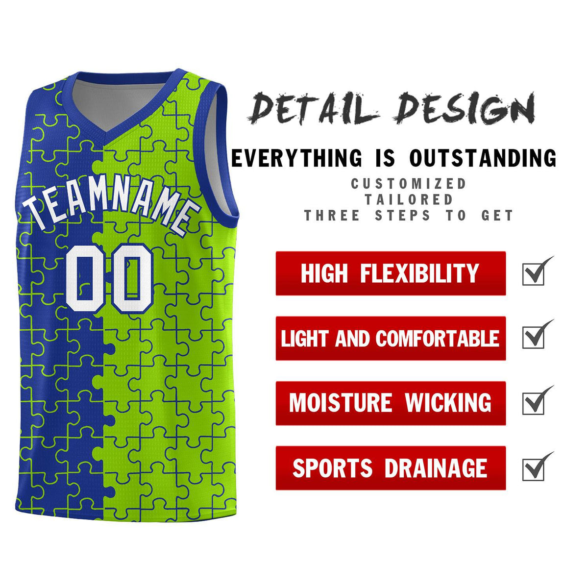 Custom Royal Neon Green Splid Basketball Kits With Puzzle Pattern