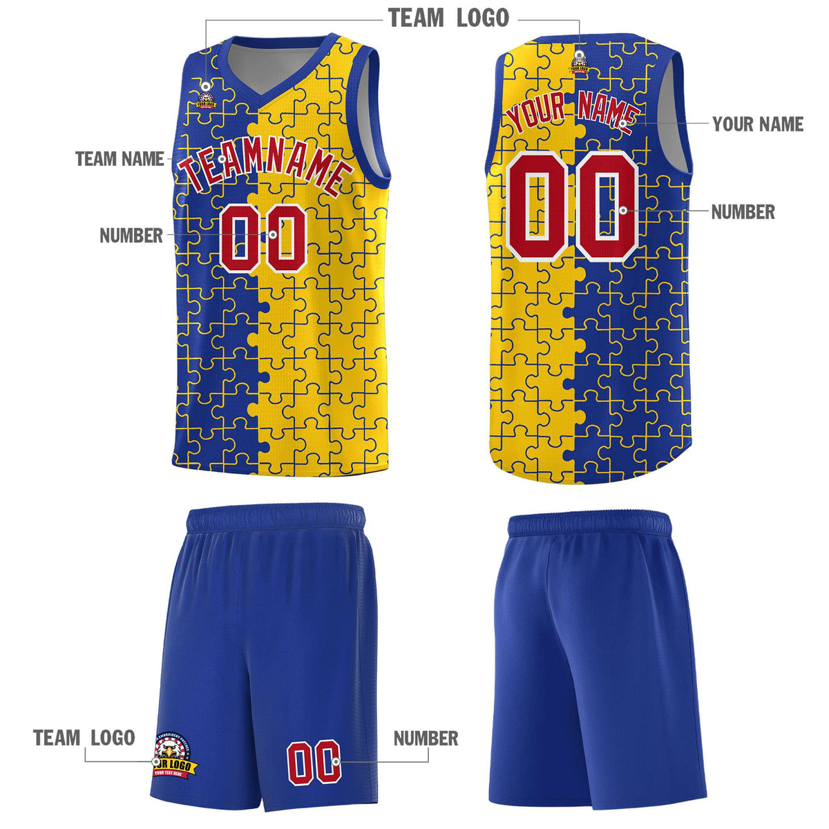 Custom Royal Gold Splid Basketball Kits With Puzzle Pattern