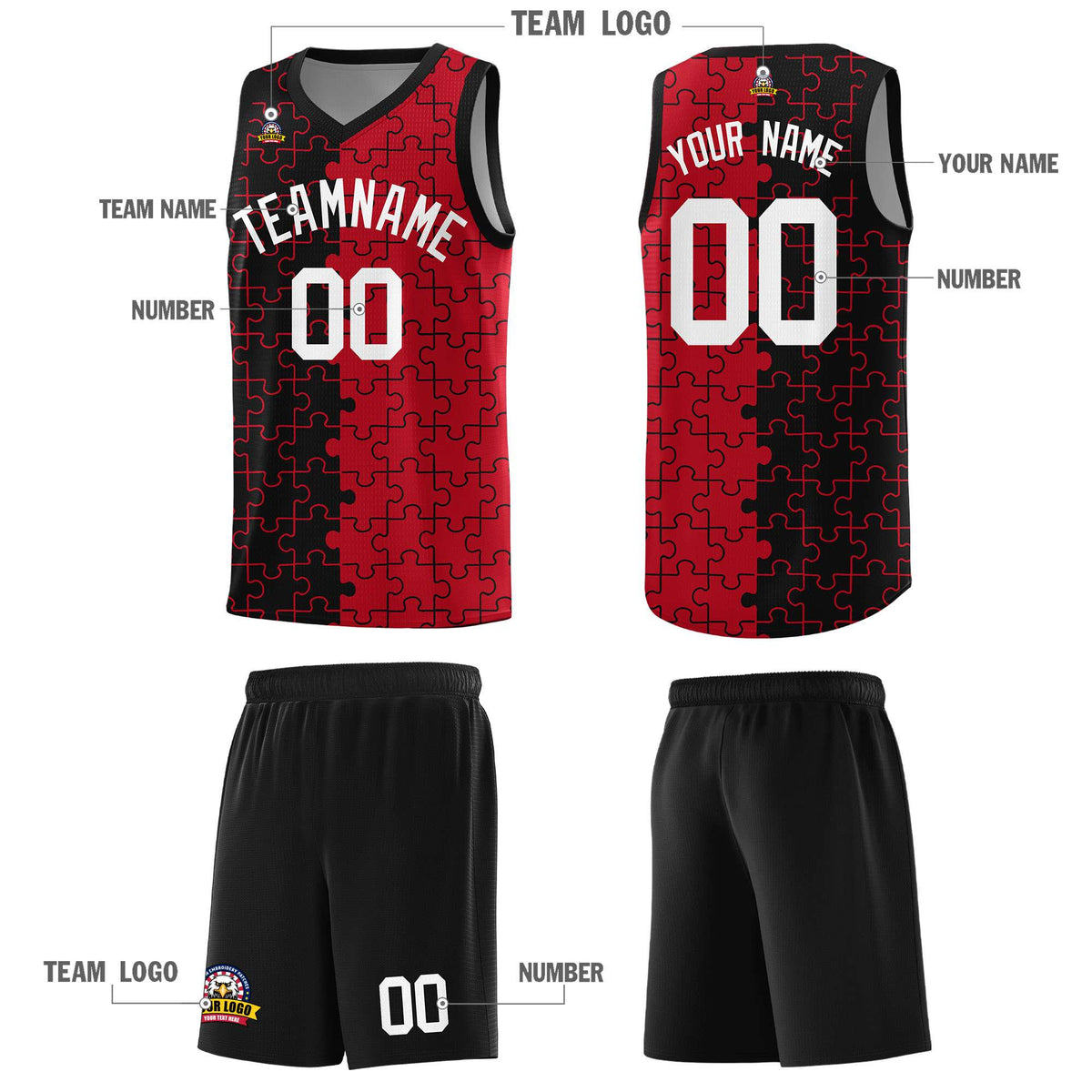 Custom Black Red Splid Basketball Kits With Puzzle Pattern