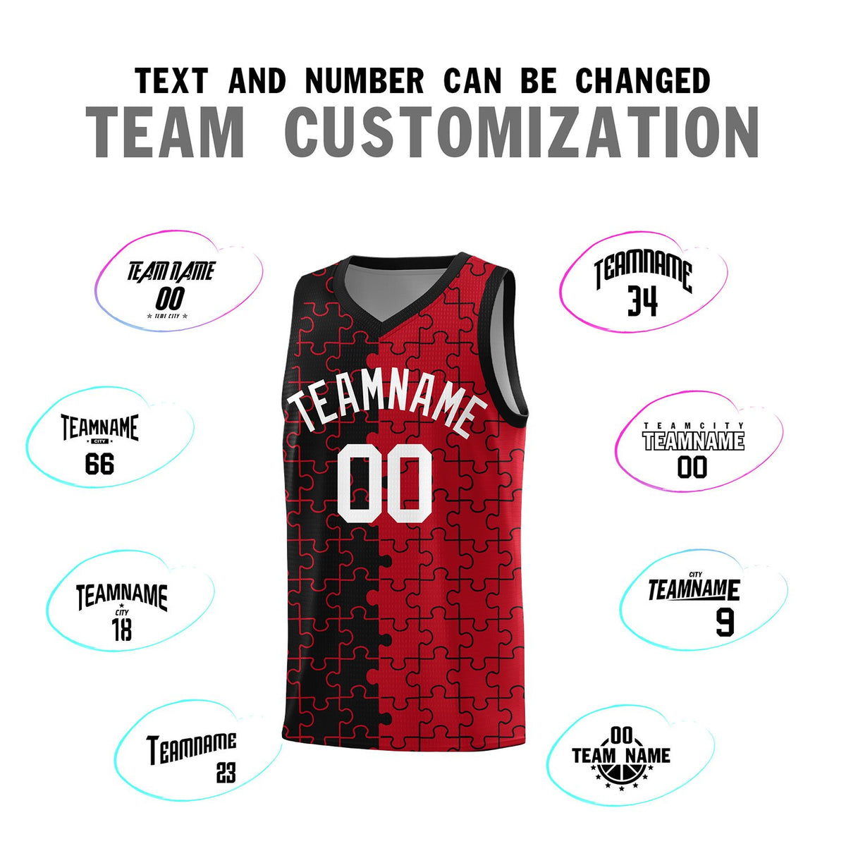 Custom Black Red Splid Basketball Kits With Puzzle Pattern
