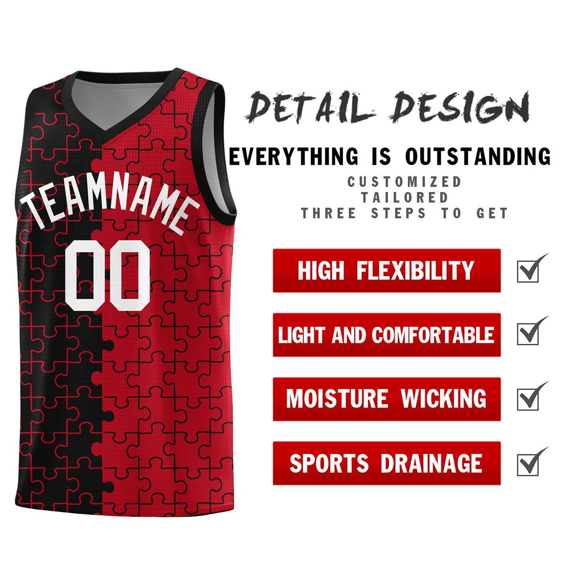 Custom Black Red Splid Basketball Kits With Puzzle Pattern