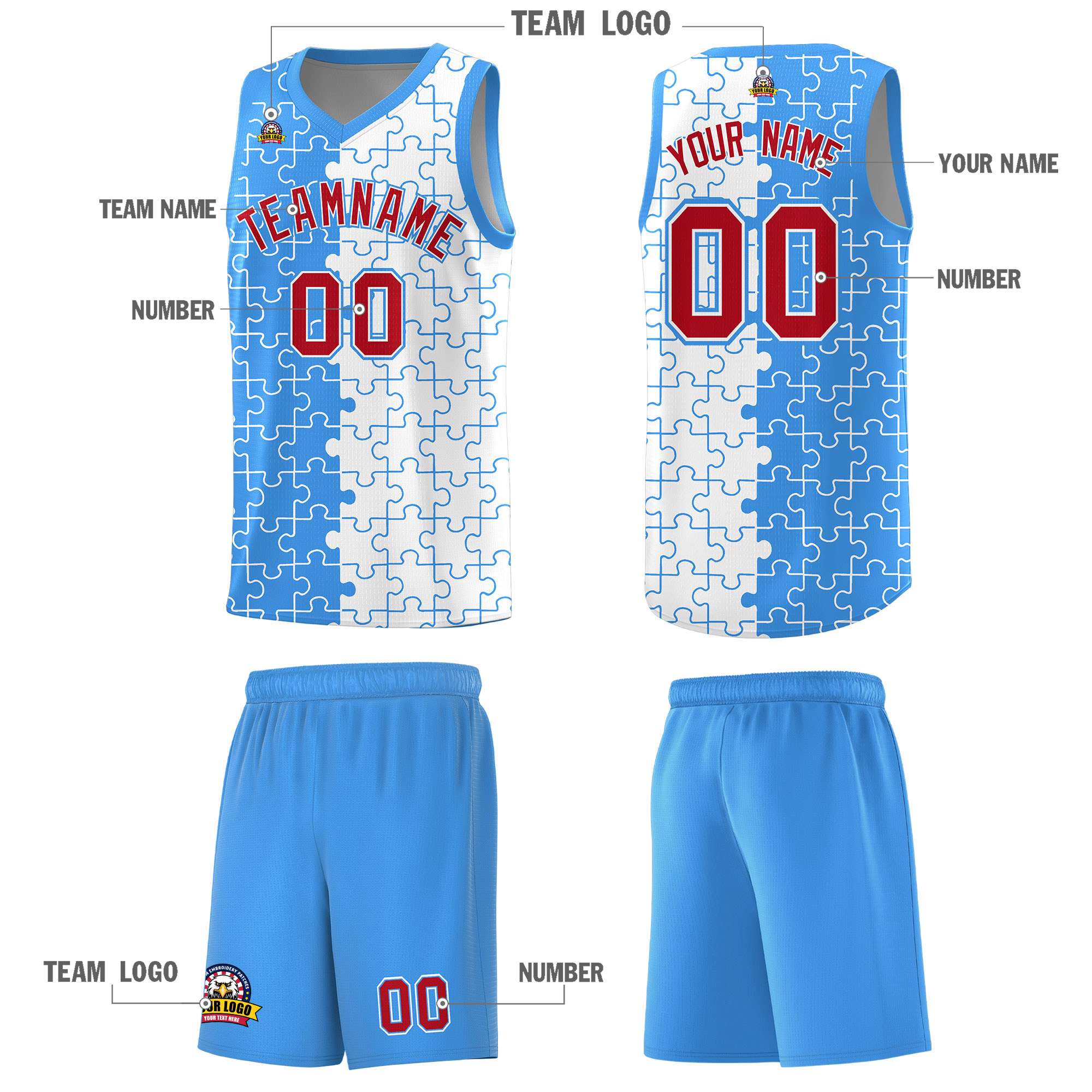 Custom Light Blue White Splid Basketball Kits With Puzzle Pattern