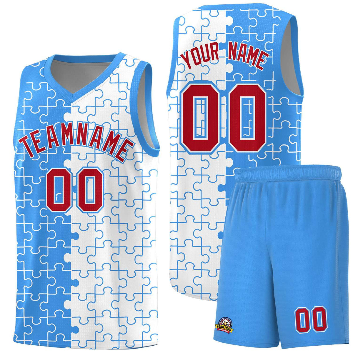 Custom Light Blue White Splid Basketball Kits With Puzzle Pattern