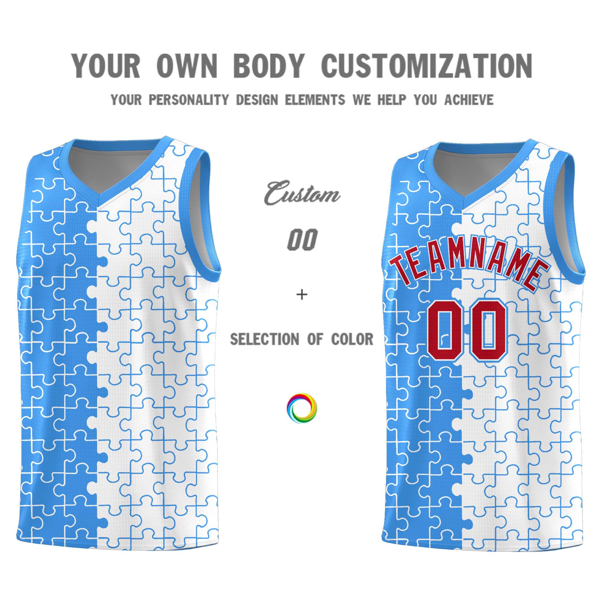 Custom Light Blue White Splid Basketball Kits With Puzzle Pattern