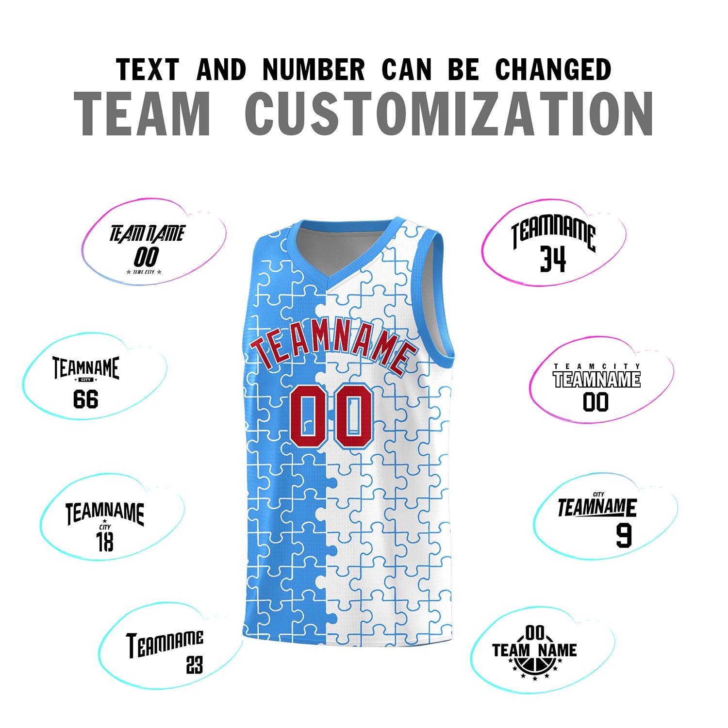 Custom Light Blue White Splid Basketball Kits With Puzzle Pattern